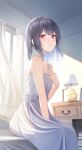  1girl absurdres blue_hair blush breasts dark_blue_hair dress fujizarashi highres idolmaster idolmaster_shiny_colors indoors looking_at_viewer medium_breasts morino_rinze red_eyes sitting sleeveless sleeveless_dress small_breasts smile solo straight_hair sundress sunlight white_dress 