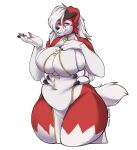  absurd_res anthro big_breasts breasts canid canine canis clothed clothing facial_tuft female fur generation_7_pokemon hair hand_over_breast hi_res huge_breasts legwear lycanroc mammal midnight_lycanroc mocha-wing nintendo pokemon pokemon_(species) purple_eyes red_body red_fur simple_background smile solo thick_thighs thigh_highs tuft white_body white_fur white_hair wide_hips 