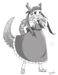  1girl backpack bag black_hair blush cosplay dragon_girl dragon_horns dragon_tail fang gloves hachikuji_mayoi hair_ribbon horns itoma_mahimahi kobayashi-san_chi_no_maidragon long_hair looking_at_viewer maid monochrome monogatari_(series) open_mouth ribbon shirt smile solo tail tohru_(maidragon) tohru_(maidragon)_(cosplay) twintails white_gloves 