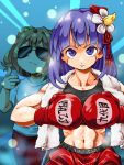  2girls abs alternate_costume bell black_sports_bra black_tank_top blunt_bangs boxing boxing_gloves closed_mouth commentary_request flower hair_bell hair_flower hair_ornament hair_ribbon hieda_no_akyuu imijikumo36 jingle_bell looking_at_viewer medium_hair motoori_kosuzu multiple_girls navel pants pointing purple_hair red_pants red_shorts ribbon serious shirt shorts sports_bra stomach sunglasses tank_top touhou towel towel_around_neck track_pants translation_request upper_body v-shaped_eyebrows white_shirt 