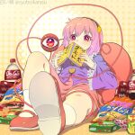  1girl bare_legs book coca-cola commentary_request covered_mouth foreshortening full_body hair_ornament hairband heart heart_hair_ornament highres holding holding_book knee_up komeiji_satori lying on_back perspective pink_hair pink_skirt purple_shirt reclining red_eyes shiroi_karasu shirt short_hair simple_background skirt solo third_eye touhou 