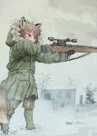 1girl absurdres animal_ears battle_rifle black_gloves brown_eyes brown_hair camouflage fox_ears fox_girl fox_tail fur-trimmed_jacket fur_trim gloves green_jacket green_pants gun highres jacket m14 original pants rifle scope snow solo standing tail weapon woodland_camouflage yihan_world 