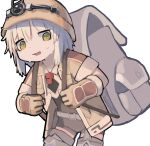  1other absurdres alternate_costume androgynous backpack bag bags_under_eyes belt brown_bag brown_gloves brown_headwear brown_jacket commentary cowboy_shot gloves green_eyes grey_belt grey_hair hands_up headlamp helmet highres jacket leaning_forward looking_at_viewer made_in_abyss medium_hair nanachi_(made_in_abyss)_(human) open_clothes open_jacket open_mouth short_sleeves simple_background siroa solo sweat thighhighs whistle whistle_around_neck white_background 
