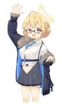  1girl :d ahoge blonde_hair blue_archive breasts fur-trimmed_jacket fur_trim glasses hair_between_eyes halo highres jacket large_breasts midriff navel necktie pleated_skirt red_eyes satsuyo short_hair skirt smile suspender_skirt suspenders white_background 