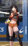  1girl :o abs absurdres audience ball banner black_hair black_thighhighs brand_name_imitation commission darr1o feet_out_of_frame grey_eyes grey_sports_bra gym highres knee_pads long_hair messy_hair midriff navel orange_shorts original second-party_source sera_(judgemint) shorts single_thighhigh solo_focus sports_bra thighhighs uragoner volleyball volleyball_(object) volleyball_net wiping_face wooden_floor 