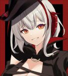  1girl arknights black_headwear black_jacket breasts cleavage dr.lamina grey_hair grin hair_between_eyes hat high_collar jacket large_breasts looking_at_viewer multicolored_hair orange_eyes red_hair smile solo streaked_hair upper_body w_(arknights) 