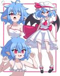  1girl ;o absurdres ahoge ascot bat_wings bikini blue_hair breasts cleavage commentary fang hat hat_ribbon highres looking_at_viewer mob_cap multiple_views one_eye_closed open_mouth pointy_ears red_ascot red_eyes red_ribbon remilia_scarlet ribbon shirt short_eyebrows short_hair short_sleeves skirt small_breasts smile smug_suriipi swimsuit touhou white_bikini white_headwear white_shirt white_skirt wings 