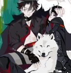  1boy abs atlasxart black_gloves black_hair black_shirt cowboy_shot fingerless_gloves genshin_impact gloves highres male_focus multicolored_hair necktie open_clothes red_necktie shirt short_hair sitting solo streaked_hair white_hair wolf wriothesley_(genshin_impact) 