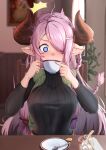  1girl @_@ ahoge black_sweater blue_eyes blush braid breasts cup draph drinking granblue_fantasy hair_ornament hair_over_one_eye highres holding holding_cup horns large_breasts long_hair narmaya_(granblue_fantasy) pizzicato_il pointy_ears saucer solo sugar_cube surprised sweater sweater_vest teacup very_long_hair 