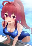  1girl ahoge blush breasts cleavage day dorachan_r hair_ornament hair_ribbon highres i-168_(kancolle) kantai_collection long_hair looking_at_viewer one-piece_swimsuit open_mouth partially_submerged ponytail poolside red_eyes red_hair ribbon school_swimsuit small_breasts smile solo swimsuit water wet 
