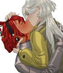  2girls absurdres blush closed_eyes crying crying_with_eyes_open grey_eyes grey_hair gundam gundam_suisei_no_majo hairband highres hug kiss korean_commentary long_hair looking_at_another miorine_rembran multiple_girls ponytail red_hair simple_background snapagi spacesuit suletta_mercury tears thick_eyebrows upper_body white_background yuri 