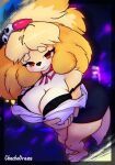  animal_crossing anthro bell big_breasts blush border bottomwear bra breasts brown_eyes canid canine canis chuchodraws cleavage clothed clothing collar domestic_dog female fur hair hi_res isabelle_(animal_crossing) looking_at_viewer mammal nintendo shih_tzu solo thick_thighs toy_dog unbuttoned_shirt underwear undressing yellow_body yellow_fur 