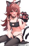  1girl absurdres animal_collar animal_ears animal_hands blush cat_cutout cat_ears cat_paws cat_tail clothing_cutout collar gloves highres idolmaster idolmaster_shiny_colors komiya_kaho long_hair looking_at_another looking_at_viewer navel paw_gloves petite pyonsan red_eyes red_hair simple_background smile tail twitter_username very_long_hair white_background 