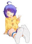  1girl ahoge blue_hair blush chaosexceed feet foot_focus heterochromia highres hood hoodie no_shoes ooto_ai open_mouth simple_background socks soles teeth toes upper_teeth_only v wonder_egg_priority 