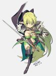  1girl 2023 airseal arm_mounted_weapon black_cape breasts bridal_gauntlets cape cleavage crossbow dated elf elsword full_body green_eyes green_hair grey_background highres holding holding_sword holding_weapon long_hair midriff night_watcher_(elsword) pointy_ears rena_erindel signature simple_background solo sword very_long_hair weapon 