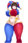  1girl asymmetrical_legwear blush_stickers breasts brown_hair hat highres huge_breasts jester jester_cap pomni_(the_amazing_digital_circus) puffy_short_sleeves puffy_sleeves short_sleeves the_amazing_digital_circus thick_thighs thighs white_background xalvail 