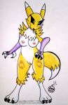  anthro bandai_namco big_breasts blue_eyes breasts canid canine claws digimon digimon_(species) digitigrade female fox genitals hi_res mammal nude paws pussy reddragonkan renamon smile solo traditional_media_(artwork) 