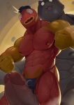  anthro big_penis domestic_cat duo epic_games felid feline felis fish fish_thicc_(fortnite) fortnite genitals hi_res male mammal marine meowscles multicolored_body mumu202 muscular muscular_male nipples open_mouth penis red_body two_tone_body yellow_body 