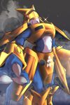  abs absurd_res anthro armor bandai_namco blue_body claws digimon digimon_(species) gold_(metal) gold_armor hi_res magnamon male midriff pakotaroh raised_head red_eyes scalie solo 