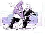  2boys book boots couch jojo_no_kimyou_na_bouken leone_abbacchio long_hair male_focus merumeru626 monochrome moody_blues_(stand) multiple_boys pectoral_cleavage pectorals reading sitting sitting_on_lap sitting_on_person stand_(jojo) thigh_boots v-neck vento_aureo 