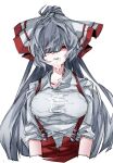  1girl baggy_pants bangs blunt_bangs bow breasts collared_shirt fujiwara_no_mokou glowing glowing_eyes grey_hair hair_bow hair_over_one_eye highres large_breasts long_hair looking_at_viewer pants red_eyes red_pants shirt sidelocks sleeves_rolled_up suggestive_fluid suspenders touhou upper_body very_long_hair vivo_(vivo_sun_0222) white_background white_bow white_shirt wide_ponytail 