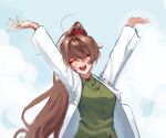  1girl arms_up bear_hair_ornament blue_sky brown_hair buttons carmen_(project_moon) closed_eyes cloud coat collared_shirt green_shirt hair_ornament happy high_ponytail lab_coat lobotomy_corporation long_hair open_mouth project_moon shirt shrimp_1437 sidelocks sky smile solo very_long_hair white_coat wing_collar 