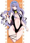  1girl alternate_costume bare_shoulders black_slingshot_swimsuit bracelet breasts camilla_(fire_emblem) eyewear_on_head fe135700 fire_emblem fire_emblem_fates flower hair_over_one_eye heart highres holding_own_hair jewelry large_breasts long_hair navel parted_lips purple_hair slingshot_swimsuit smile solo sunglasses swimsuit very_long_hair yellow_flower 