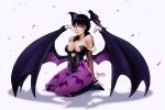  animal_print areola_slip bat_print black_hair boots breasts chainsaw_man clothing_cutout commentary_request cosplay detached_sleeves full_body green_eyes head_wings heart_cutout high_heel_boots high_heels highres large_breasts low_wings making-of_available mitaka_asa morrigan_aensland morrigan_aensland_(cosplay) pantyhose ponytail purple_pantyhose seiza shadow signature sitting spanish_commentary vampire_(game) victorbalgitt wings 