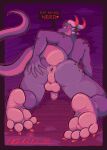  &lt;3 2023 4_toes anthro anus balls brown_body dragon english_text feet foot_focus genitals hi_res horn humanoid_genitalia humanoid_penis looking_at_viewer male naudiz_(artist) penis purple_background red_eyes scalie sharp_teeth simple_background solo speech_bubble teeth text toes western_dragon 