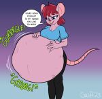  anthro anthro_pred big_breasts breasts buckteeth cleavage clothed clothing dialogue digestion digestion_noises digital_media_(artwork) english_text female female_pred fur gwen_(swiftsketch) hair hand_on_own_belly hi_res holding_belly huge_belly looking_at_belly looking_down mammal mouse murid murine pink_body pink_fur pink_hair rodent same_size_vore shirt solo speech_bubble struggling_prey swiftsketchpone t-shirt talking_to_prey taunting teeth text topwear unseen_character vore 