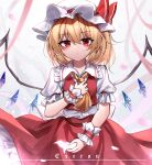  1girl absurdres ascot blonde_hair chinese_commentary closed_mouth commentary_request crystal flandre_scarlet hat hat_ribbon highres looking_at_viewer mob_cap red_eyes red_ribbon red_skirt red_vest ribbon short_sleeves signature skirt solo top-exerou touhou vest white_headwear wings wrist_cuffs yellow_ascot 