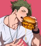  1boy absurdres achilles_(fate) burger cheese cheese_trail collarbone eyelashes fate_(series) food green_hair haruakira highres imminent_bite jewelry male_focus muscular muscular_male necklace open_mouth orange_eyes pink_background shirt short_hair sideburns solo t-shirt teeth undercut watch white_shirt wristwatch 