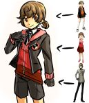  1boy absurdres akechi_gorou amada_ken arrow_(symbol) black_gloves black_jacket black_shorts brown_eyes chimerism doujima_nanako english_commentary fusion gimmie20dollas gloves highres hood hood_down jacket long_sleeves looking_at_viewer male_focus original persona persona_3 persona_4 persona_5 ponytail short_ponytail shorts simple_background smile white_background 