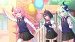  3girls :d ahoge balloon black_hair black_necktie black_skirt black_vest blue_eyes blue_hair blue_vest bow bowtie chinese_commentary closed_mouth collared_shirt gou_lianlian_dogface green_hair hair_between_eyes highres holding holding_balloon holding_hands honkai_(series) honkai_impact_3rd horns liliya_olenyeva long_hair long_sleeves looking_at_viewer multiple_girls necktie open_mouth outdoors pink_hair pleated_skirt pointing polo_shirt red_bow red_eyes red_hair rozaliya_olenyeva school_uniform seele_(alter_ego) seele_vollerei shirt short_hair short_sleeves siblings single_horn sisters skirt smile summer_uniform sweater_vest tail thighhighs tree twins v vest white_shirt 