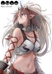  1girl absurdres amam_(64943468) arknights bare_shoulders blue_eyes breasts brown_hair cleavage collar commentary_request crop_top fake_horns fur_trim groin hair_between_eyes highres horns kirin_x_yato_(arknights) large_breasts long_hair midriff mole mole_under_eye monster_hunter_(series) navel pointy_ears rope simple_background smile solo stomach upper_body white_background yato_(arknights) 