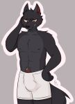  annoyed anthro black_body black_fur blue_eyes bodily_fluids boxers_(clothing) bulge canid canine canis clothing erection fan_character fangs fur genital_fluids hi_res male mammal mikifluffs precum solo teeth underwear wolf 
