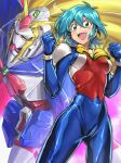  1girl :d allenby_beardsley blonde_hair blue_bodysuit blush bodysuit breasts chanmura commentary_request g_gundam green_eyes green_hair gundam hair_between_eyes hands_up looking_at_viewer mecha medium_breasts mobile_suit mobile_trace_suit multicolored_bodysuit multicolored_clothes nobel_gundam robot science_fiction short_hair skin_tight smile super_robot upper_body v-fin 