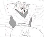  abs anthro armpit_hair belt biceps black_cloak body_hair bottomwear bulge canid canine canis claws cloak clothed clothing death_(puss_in_boots) dreamworks fur grey_body grey_fur male mammal muscular muscular_anthro muscular_male open_mouth pants puss_in_boots_(film) puss_in_boots_the_last_wish raised_arm red_eyes risebernold solo tail teeth tongue tongue_out weapon weapon_behind_head white_body white_fur wolf wraps wrist_wraps 