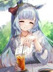  1girl ^_^ animal_ears blurry blurry_background braid breasts closed_eyes coffee collarbone commentary_request crown_braid cup depth_of_field drinking_glass drinking_straw ear_ribbon facing_viewer grey_hair hand_up highres holding holding_cup horse_ears ice ice_cube jewelry looking_at_viewer medium_breasts mejiro_ardan_(umamusume) meyamu pendant red_ribbon ribbon shirt smile solo table umamusume upper_body white_shirt 