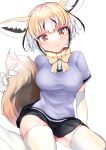  1girl animal_ear_fluff animal_ears arm_at_side black_hair blonde_hair bow bowtie breast_pocket breasts brown_eyes closed_mouth elbow_gloves extra_ears fox_ears fox_girl fox_tail fur_trim gloves hand_up head_tilt highres kemono_friends kinou_no_shika light_smile medium_breasts microskirt multicolored_hair pocket rueppell&#039;s_fox_(kemono_friends) shirt short_hair short_sleeves simple_background sitting skirt solo tail taut_clothes taut_shirt thighhighs white_background white_hair yellow_bow yellow_bowtie zettai_ryouiki 