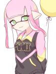  1girl balloon black_sweater commentary eyelashes green_eyes holding holding_balloon inkling inkling_girl inuowour light_smile long_hair pink_hair pointy_ears shirt simple_background solo splatoon_(series) sweater symbol-only_commentary upper_body white_background white_shirt 