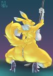  2022 3_fingers absurd_res abyssalchimo anthro anus bandai_namco black_nose breasts butt clothing digimon digimon_(species) digital_media_(artwork) dipstick_tail female fingers footwear fur genitals hi_res markings nipples pole pussy renamon smile solo tail tail_markings 
