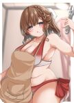  1girl alternate_costume apron asahi_(kancolle) bikini blurry blurry_background braid brown_apron brown_hair collarbone gradient_bikini grey_eyes hair_ribbon highres holding holding_wrench kantai_collection kasashi_(kasasi008) looking_at_viewer mole mole_under_mouth nearly_naked_apron plump red_bikini ribbon short_hair side-tie_bikini_bottom side_braid solo standing swimsuit two-tone_bikini white_bikini white_ribbon wrench 