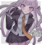  1girl black_gloves black_jacket black_ribbon black_skirt braid brown_necktie character_name collared_shirt cowboy_shot danganronpa:_trigger_happy_havoc danganronpa_(series) frown gloves hair_ribbon hand_up highres jacket kirigiri_kyoko leaning_forward long_hair long_sleeves looking_at_viewer michi_(michiisidayo) miniskirt necktie open_clothes open_jacket outline pleated_skirt purple_eyes purple_hair ribbon shirt side_braid skirt solo white_outline 