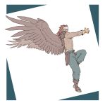  1boy arm_wrap brown_footwear brown_wings canopus_wolph full_body gloves headband long_hair male_focus pants red_hair solo tactics_ogre topless_male white_background white_headband windcaller wings 