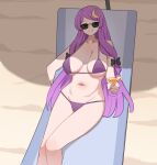  1girl alternate_costume beach bespectacled bikini black_bow bow breasts chair closed_mouth cocktail_glass collarbone crescent crescent_hair_ornament cup drink drinking_glass english_commentary freckles glasses hair_bow hair_ornament highres holding holding_cup large_breasts long_hair lounge_chair mata_(matasoup) navel no_headwear patchouli_knowledge purple_bikini purple_eyes shadow sitting smile solo sunglasses swimsuit touhou very_long_hair 