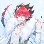 1boy animal_ears black_hair black_nails brown_eyes choker crow_(show_by_rock!!) fur-trimmed_jacket fur_trim hedgehog_boy hedgehog_ears highres jacket long_sleeves looking_at_viewer male_focus mel6969 open_mouth red_hair short_hair show_by_rock!! solo spiked_sleeves 