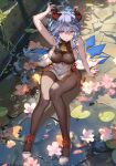  1girl :o arm_up bare_arms bare_shoulders bell blue_hair bodystocking breasts chinese_knot commentary cowbell cracked_floor flower flower_knot full_body ganyu_(genshin_impact) genshin_impact goat_horns gold_trim hand_on_ground highres horns knees_together_feet_apart lily_pad long_hair looking_at_viewer neck_bell on_ground open_mouth petals pink_flower purple_eyes sideboob sitting solo vale-x white_footwear 
