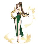  1girl absurdres asymmetrical_bangs bare_legs breasts brown_hair clawed_gauntlets cleavage dress eversoul game_cg gauntlets gem glint green_dress green_eyes green_gemstone green_ribbon hair_bun hair_ribbon high_ponytail highres jade_(eversoul) key looking_at_viewer medium_breasts metal_gloves multicolored_hair official_art ribbon side_ponytail side_slit solo sparkle standing strapless strapless_dress streaked_hair tachi-e third-party_source yellow_footwear 