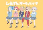  4girls absurdres ahoge alternate_costume animal_ears arm_at_side arm_up backpack bag blazer blonde_hair blue_bow blue_bowtie blue_card blue_eyes blue_hair blue_jacket blue_shirt blue_socks bow bowtie brown_footwear cardigan chamomile_(kazumasa) closed_mouth collared_shirt dark-skinned_female dark_skin dot_mouth dress_shirt drink elf empty_eyes floating_hair forehead forehead_blush fox_ears fox_girl green_bow green_bowtie green_eyes grey_hair grey_skirt hair_bow hands_up highres holding holding_drink holding_instrument holding_strap hololive hoshimachi_suisei instrument jacket juice_box knee_up kyoufuu_all_back_(vocaloid) loafers long_sleeves medium_hair multicolored_hair multiple_girls music omaru_polka open_clothes open_jacket parted_lips pink_hair plaid plaid_skirt playing_instrument pointy_ears purple_eyes recorder red_cardigan red_eyes red_jacket red_track_suit sakura_miko school_uniform shiranui_flare shiranui_kensetsu shirogane_noel shirt shoes short_hair simple_background skirt sleeve_rolled_up sneakers socks standing standing_on_one_leg star_(symbol) star_in_eye streaked_hair symbol_in_eye track_suit translated virtual_youtuber vocaloid white_shirt white_socks yellow_background 